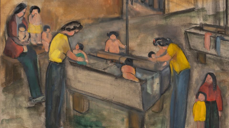 Hisako Hibi's "Laundry Room" depicts everyday life in a Utah prison camp that held thousands of Japanese Americans during World War II. - Courtesy Japanese American National Museum