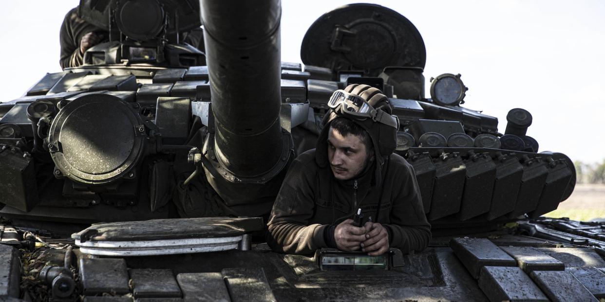 A Ukrainian man in a tank in a newly liberated village in Ukraine's Kherson region on October 7, 2022.