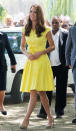 Kate wears a primrose yellow sleeveless dress from high street store Jaeger while visiting the Solomon Islands. It's super fun with the pleated skirt, cap sleeves and tied sash around the waist. Unfortunately, the dress is sold out but it looks like yellow might catch on as a new trend. (Photo by Samir Hussein/WireImage)