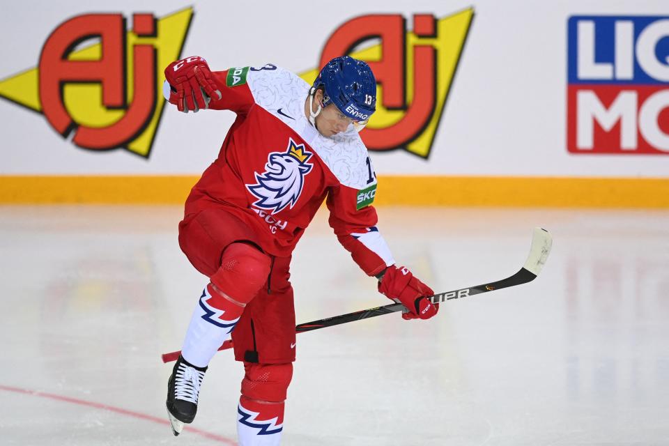 Czech Republic forward Jakub Vrana celebrates scoring the 2-1 goal during the IIHF Men's Ice Hockey World Championships preliminary round group A match with Sweden at the Olympic Sports Center in Riga, on May 27, 2021.