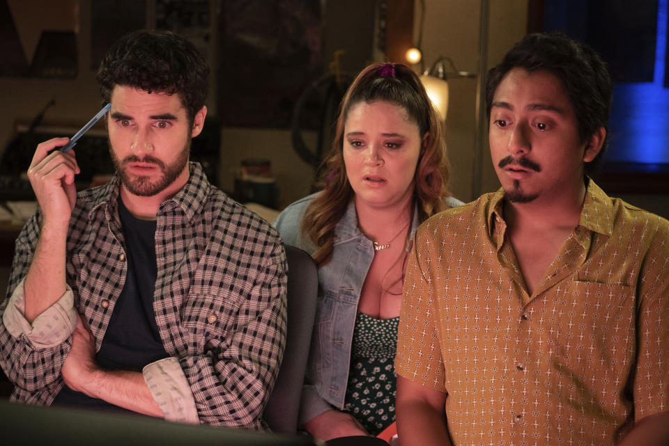 This image released by Quibi shows Darren Criss, from left, Kether Donohue and Tony Revolori in a scene from Quibi's new 12-part series “Royalties." The satirical look at music industry has a fresh song in every episode and allows Criss to show off more than his acting chops: He wrote all the music, from a raunchy rap song to pure, irresistible pop. (Kevin Estrada/Quibi via AP)