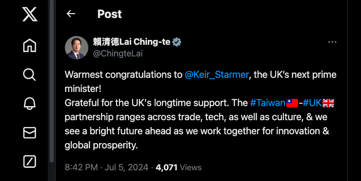 賴清德X平台發文祝賀英國新首相Keir Starmer。翻攝自賴清德X