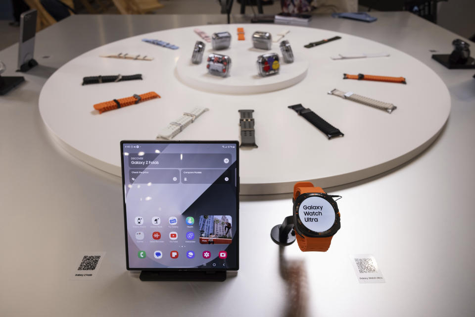 Samsung Galaxy Watch Ultra and Galaxy Z Fold6 are displayed during a media preview at Samsung Galaxy Experience space, Tuesday, July 9, 2024, in New York. Samsung is dressing up its wearable devices in technology's latest fashion — artificial intelligence. (AP Photo/Yuki Iwamura)