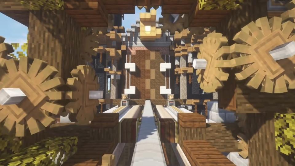 Best Minecraft mods - create - Several wooden gears connected to one another.