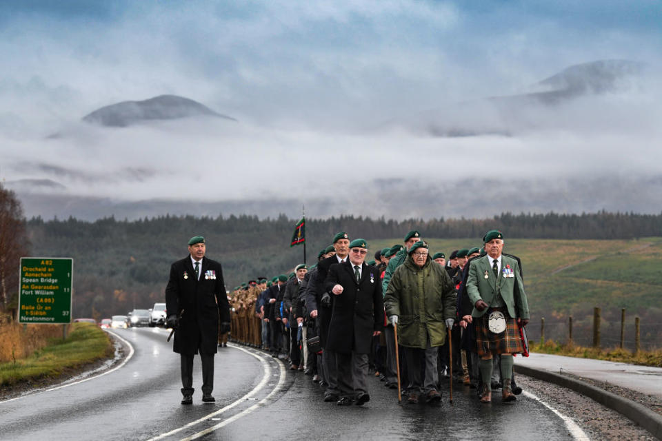 <p>Both serving and former commandos gather during the Commando Memorial Service commemorate and pay respect to the sacrifice of service men and women who fought in the two World Wars and subsequent conflicts on Nov. 11, 2018 in Spean Bridge, Scotland. The armistice ending the First World War between the Allies and Germany was signed at Compiègne, France on eleventh hour of the eleventh day of the eleventh month – 11 a.m. on Nov. 11, 1918. This day is commemorated as Remembrance Day with special attention being paid for this year’s centenary. (Photo from Jeff J Mitchell/Getty Images) </p>