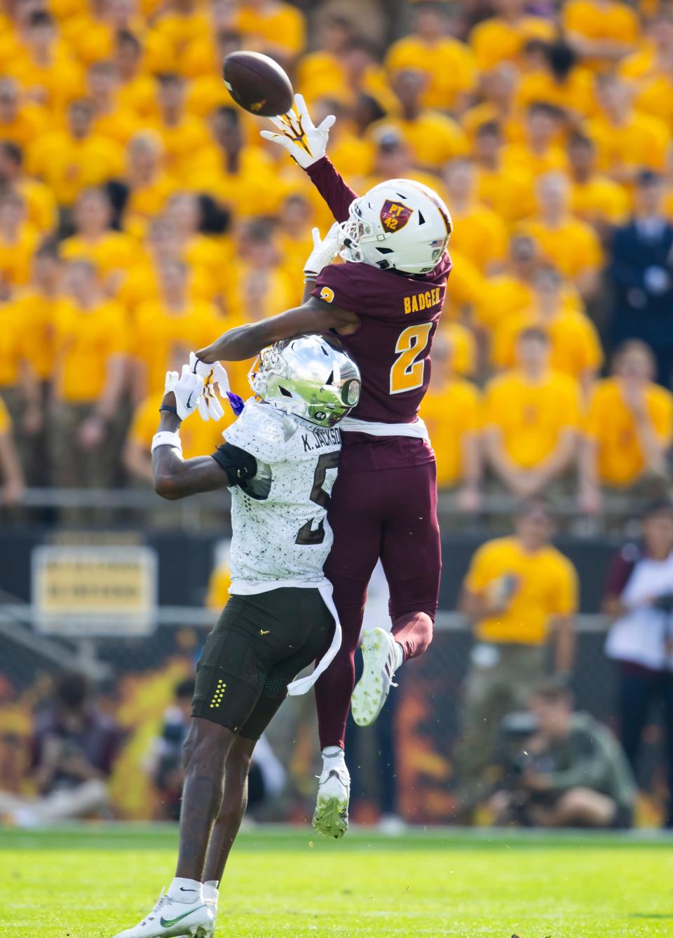 Arizona State Sun Devils wide receiver Elijhah Badger (2) attempts to catch a pass against Oregon Ducks defensive back Khyree Jackson (5) in the first half at Mountain America Stadium Nov. 18, 2023, in Tempe, Arizona.