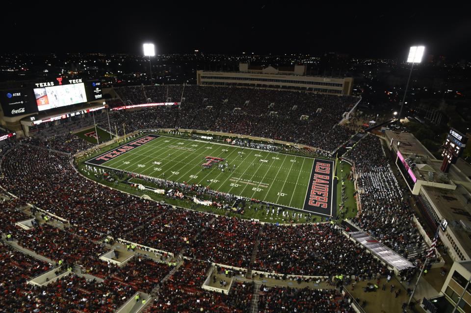 A sold out crowd in Jones AT&T Stadium watches during the first half of an NCAA college football game between Texas Tech and Baylor Saturday, Oct. 29, 2022, in Lubbock, Texas. (AP Photo/Justin Rex)