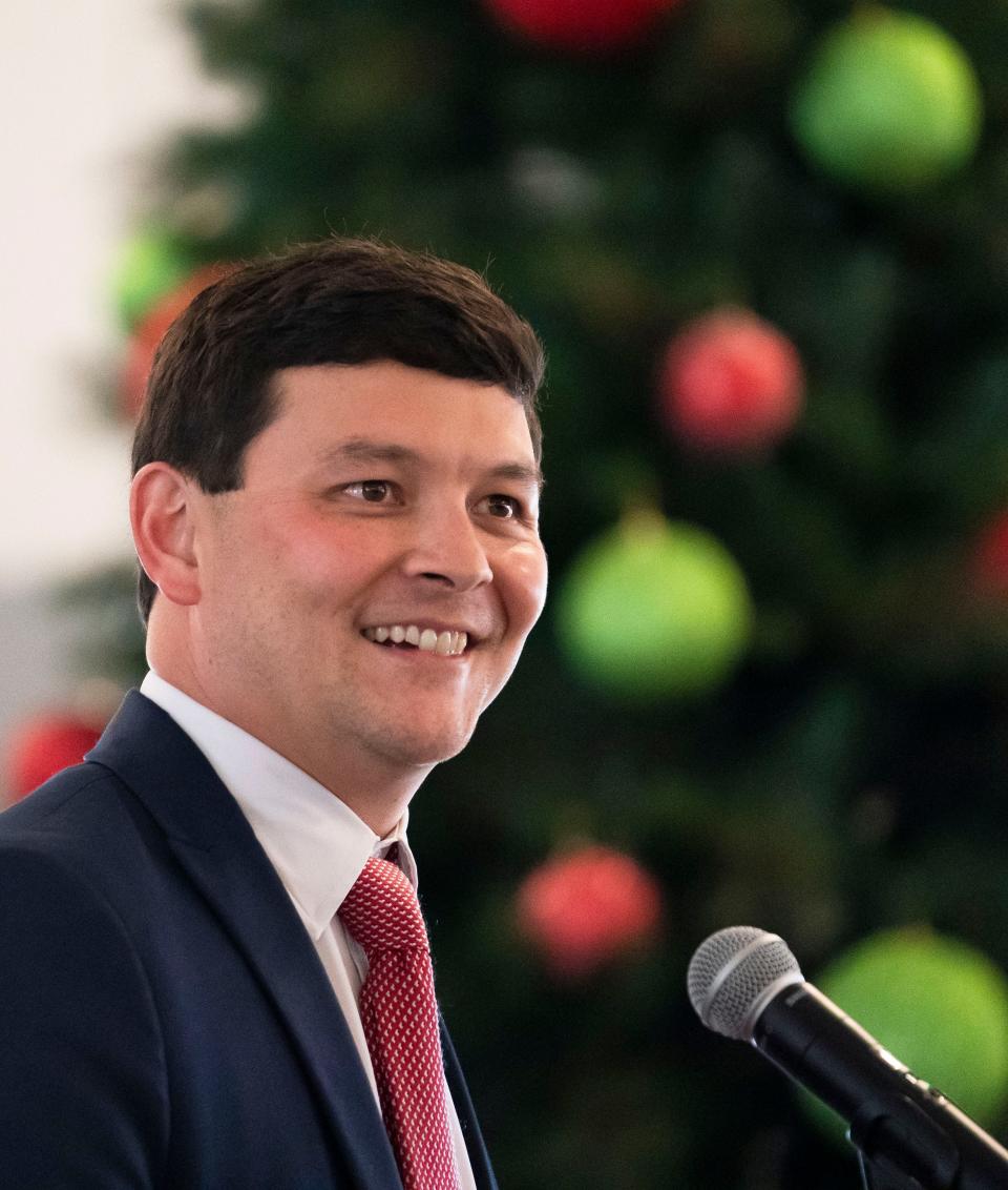 Shelton State president Jonathan Koh speaks during the tree lighting and Christmas sing-along at Shelton State Tuesday, Nov. 28, 2023.