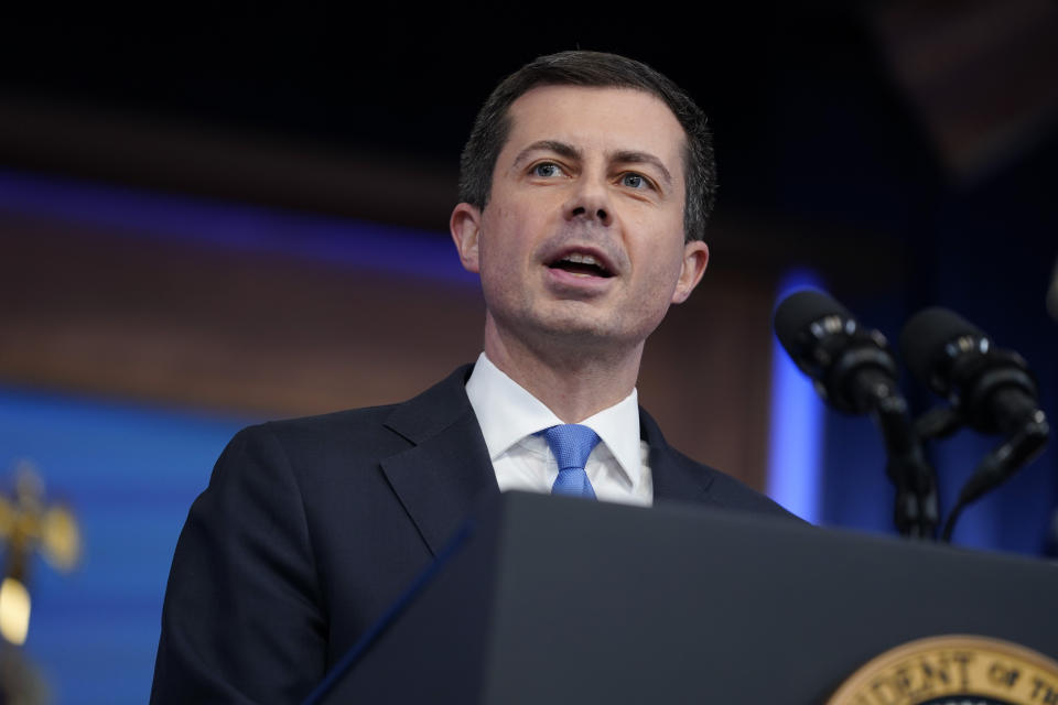 FILE - Transportation Secretary Pete Buttigieg speaks about airline flight delays and cancellations in the South Court Auditorium on the White House complex, Monday, May 8, 2023, in Washington. Buttigieg is warning airlines to be ready when wireless companies power up their 5G service next month. Buttigieg told an airline trade group Friday, June 23, 2023, that planes won't be allowed to land in poor visibility if they lack equipment to avoid radio interference from 5G. On July 1, AT&T, Verizon and other wireless carriers will be free to boost the power of their 5G signals. (AP Photo/Evan Vucci, File)