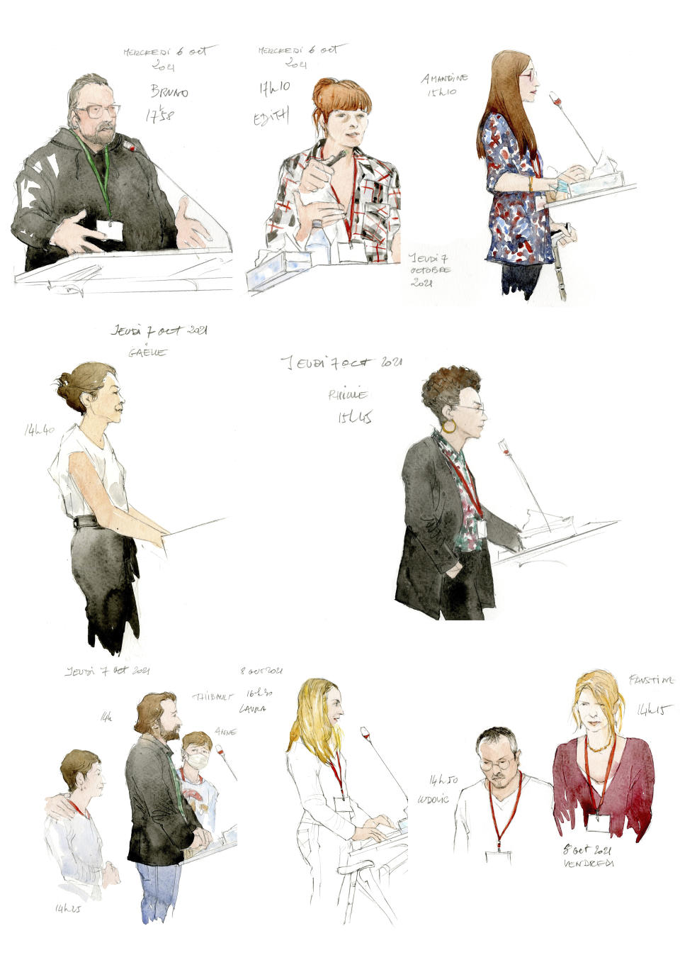 his combination image shows survivors testifying from Wednesday Oct.6, 2021 to Friday Oct.8 2021 during the Paris Attacks trial in Paris. For more than two weeks, dozens of survivors from the Bataclan concert hall in Paris have testified in a specially designed courtroom about the Islamic State’s attacks on Nov. 13, 2015 – the deadliest in modern France. The testimony marks the first time many survivors are describing – and learning – what exactly happened that night at the Bataclan, filling in the pieces of a puzzle that is taking shape as they speak. (Noelle Herrenschmidt via AP)