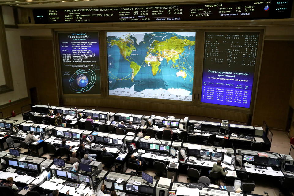 Employees at the mission control center of Russia's Roscosmos space agency ahead of the redocking of the Soyuz MS-14 spacecraft at the International Space Station (ISS), August 27, 2019. / Credit: Stanislav Krasilnikov/TASS