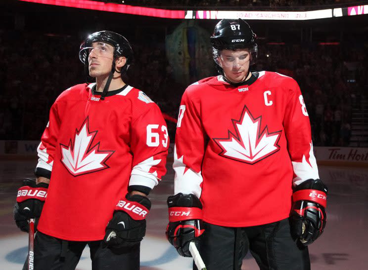 TORONTO, ON - SEPTEMBER 17: Brad Marchand #63 and Sidney Crosby #87 of Team Canada line up prior to the game against Team Czech Republic during the World Cup of Hockey 2016 at Air Canada Centre on September 17, 2016 in Toronto, Ontario, Canada. (Photo by Andre Ringuette/World Cup of Hockey via Getty Images)