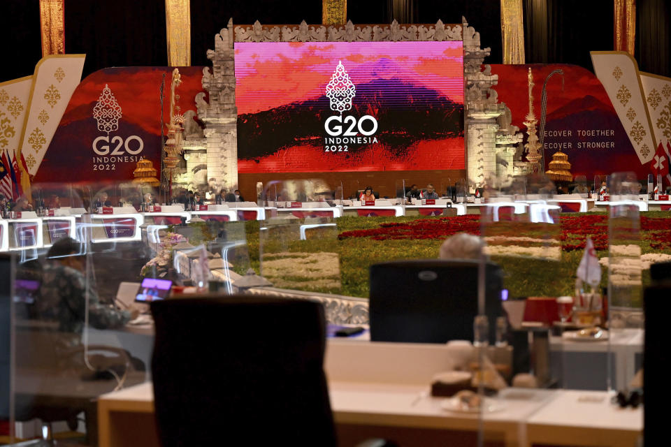 Top financial officials from the Group of 20 attend the second day of the G20 Finance Ministers and Central Bank Governors Meeting in Nusa Dua,Bali, Indonesia, on Saturday, July 16, 2022. (Sonny Tumbelaka/Pool Photo via AP)