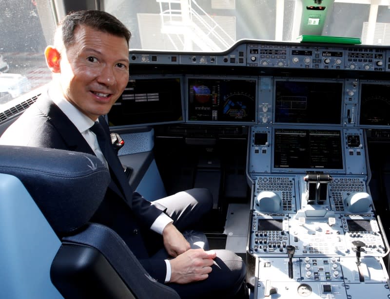 FILE PHOTO: Benjamin Smith, CEO of Air France-KLM, poses inside the first Air France airliner's Airbus A350 during a ceremony at the aircraft builder's headquarters of Airbus in Colomiers