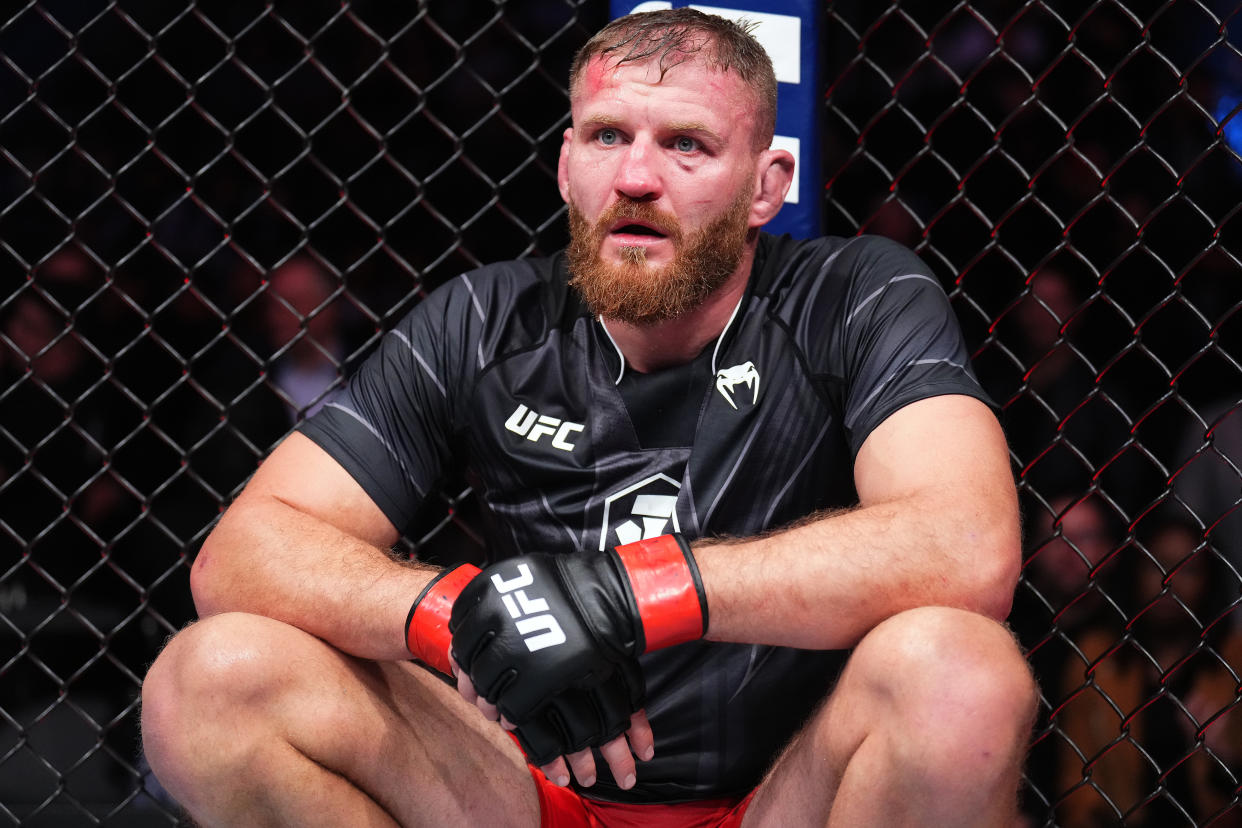 LAS VEGAS, NEVADA - DECEMBER 10: Jan Blachowicz of Poland reacts after his split draw decision against Magomed Ankalaev of Russia in their UFC light heavyweight championship fight during the UFC 282 event at T-Mobile Arena on December 10, 2022 in Las Vegas, Nevada. (Photo by Chris Unger/Zuffa LLC)