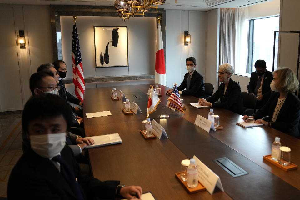 U.S. Deputy Secretary of State Wendy Sherman, third from right, and Japanese Vice Minister for Foreign Affairs Takeo Mori, second from far left back, wait to start of their meeting in Seoul, South Korea, Wednesday, June 8, 2022. U.S. Deputy Secretary of State Wendy Sherman met with her counterparts from South Korea and Japan on Wednesday, emphasizing the U.S. commitment to defend its allies and trilateral security cooperation to confront an accelerating nuclear threat from North Korea. (AP Photo/Lee Jin-man)