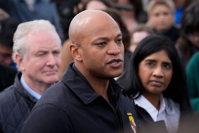 <p>AP Photo/Matt Rourke</p> Maryland Gov. Wes Moore, Francis Scott Key Bridge press conference