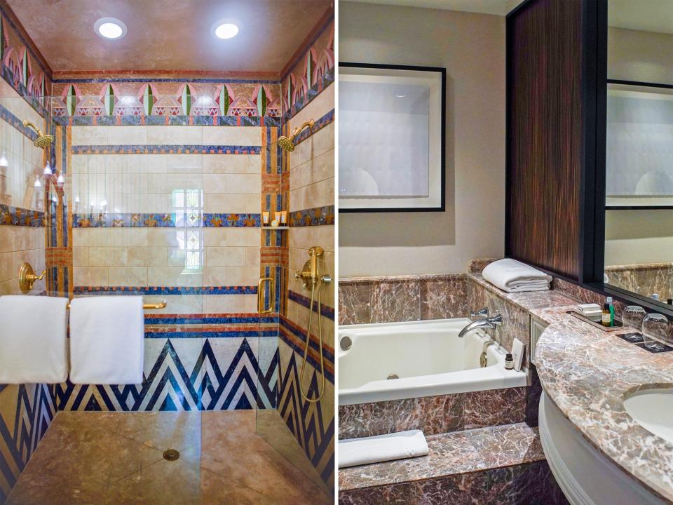 Inside the bathrooms at the Versace Mansion (L) and the Vogue Hotel (R).