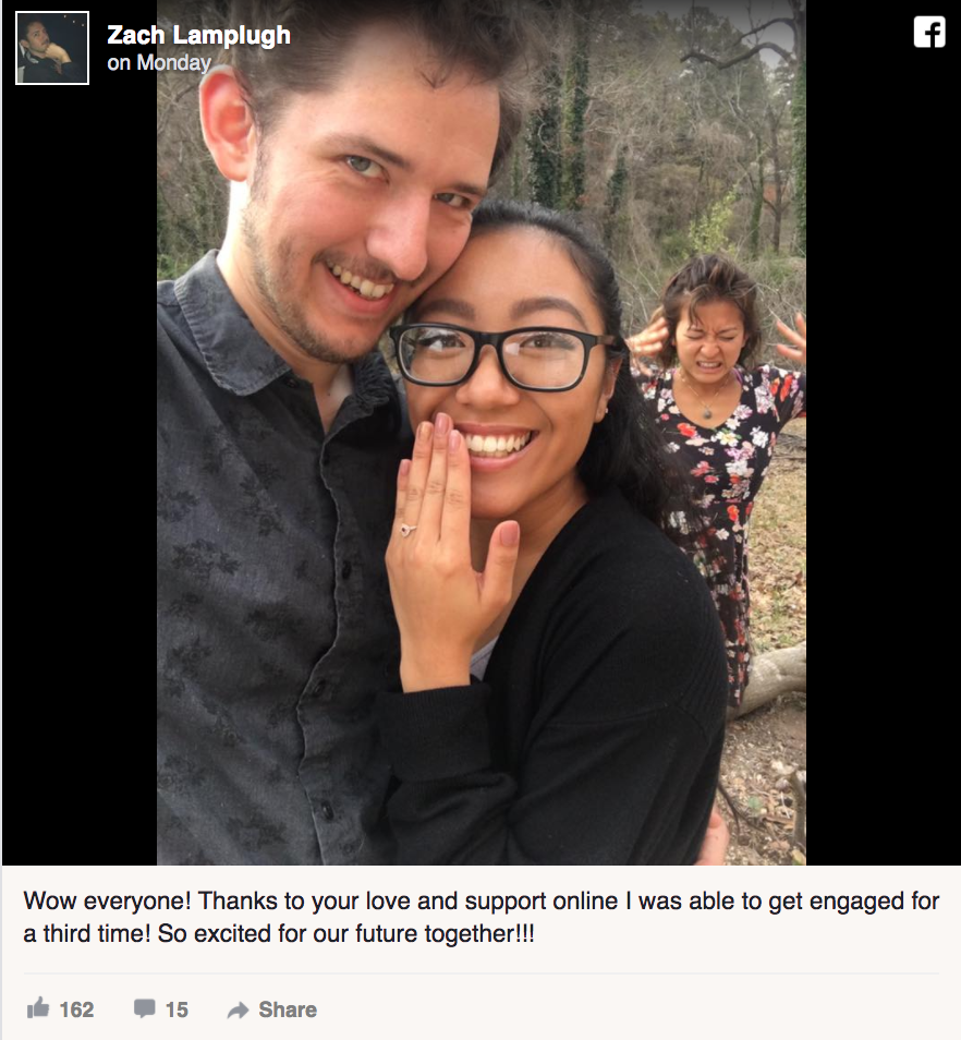 A guy's Facebook feed goes viral after sharing a series of engagement photos — with multiple people.