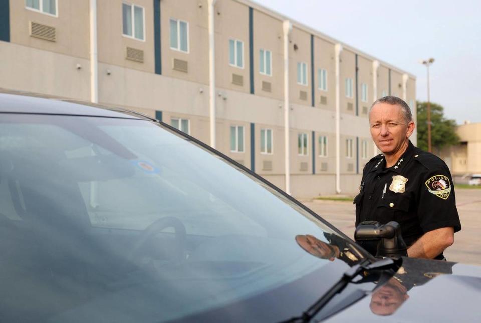 White Settlement police chief Christopher Cook shows one of the motels that generate a high amount of service calls during on Monday, April 10, 2023. A task force has been created to reduce crime at hotels and motels along Interstate 30 and West Loop 820 South.