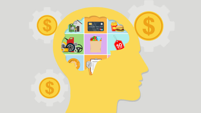 Illustration of a person's head filled with financial images and dollar signs