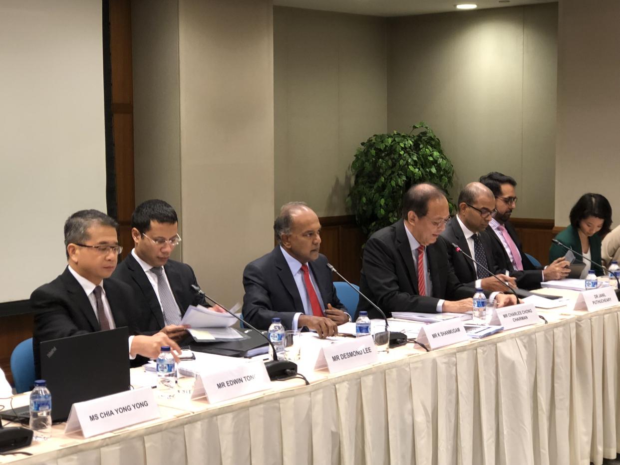 The 10-member Select Committee on Deliberate Online Falsehoods, which includes Home Affairs and Law Minister K Shanmugam (third from left), addresses reporters at a press conference on Thursday, 20 September 2018. PHOTO: Nicholas Yong/Yahoo News Singapore