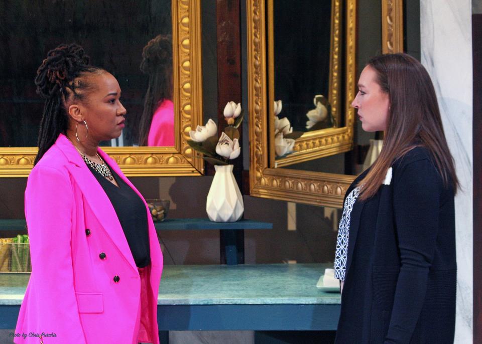 "Mrs. Harrison" is a two-person show featuring Janai Lashon (right) as Aisha, a successful Black playwright and Alysia Kolascz as Holly, a struggling white stand-up comedian.