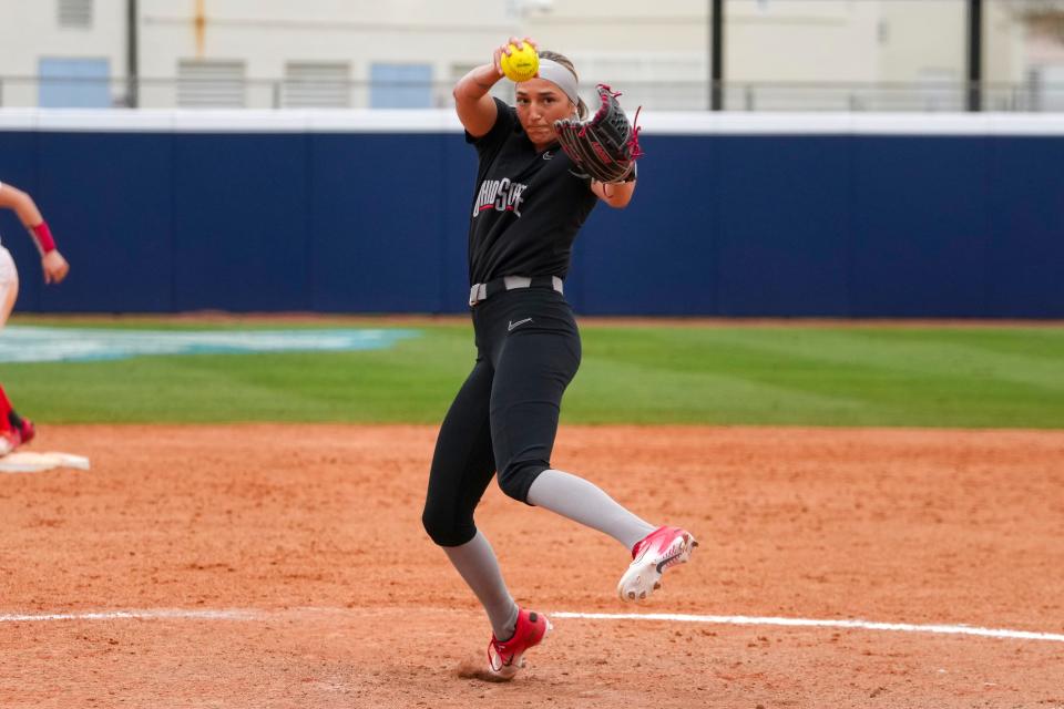 MIAMI, FLORIDA - FEBRUARY 9: Ohio State Softball against Stony Brook at Felsberg Field on February 9, 2024 in Miami, Florida. (Photo by Eric Espada/Ohio State Athletics)