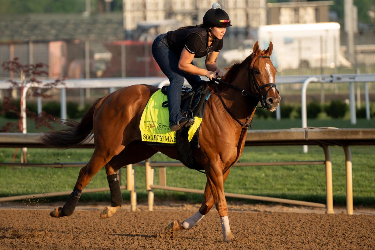 Kentucky Derby contender Society Man gallops around the track on Thursday, May 2, 2024 at Churchill Downs. Society Man is trained by Danny Gargan.