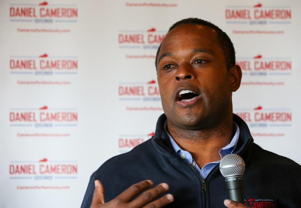 Attorney General Daniel Cameron speaks to supporters during a campaign stop in Jeffersontown on Friday, October 20, 2023