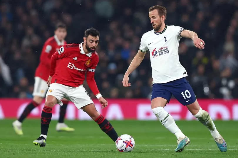 Harry Kane on the ball for Tottenham Hotspur against Manchester United in the Premier League last season