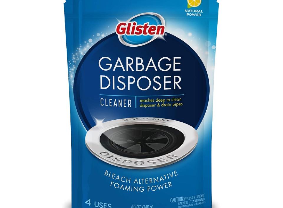 A blue package of Glisten Garbage Disposal Cleaner.