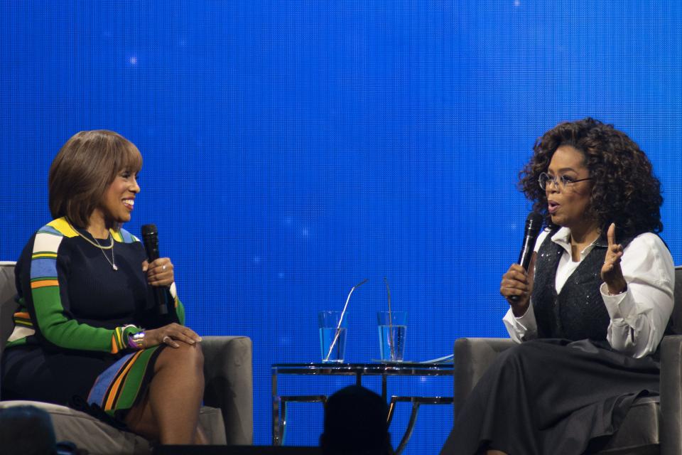 Oprah Winfrey, right, seen with Gayle King in March 2020, discussed her blockbuster interview with Prince Harry and Meghan with King and her "CBS This Morning" colleagues Monday.