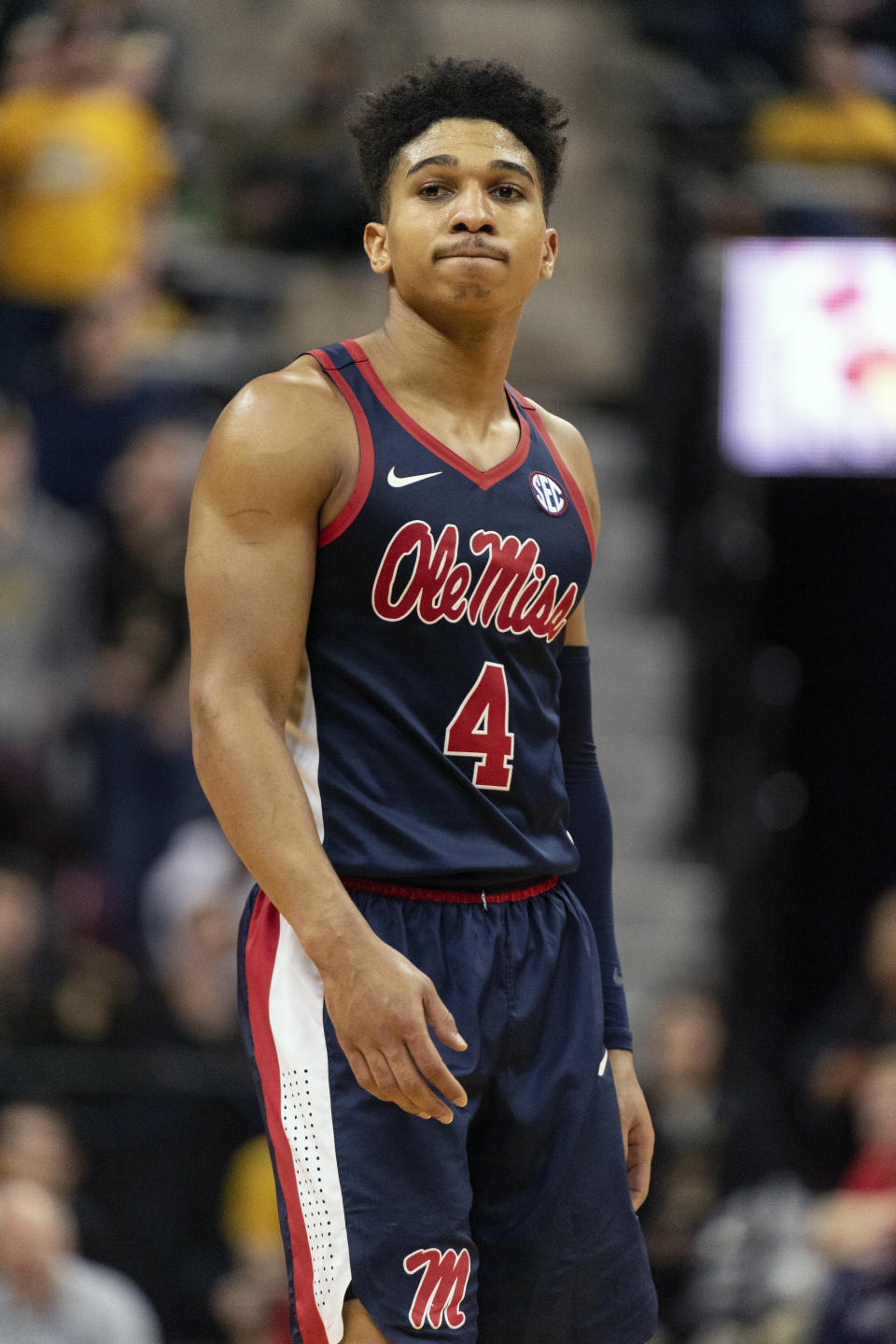 Mississippi's Breein Tyree grimaces after losing a ball out of bounds during the second half of an NCAA college basketball game against Missouri Tuesday, Feb. 18, 2020, in Columbia, Mo. Missouri won 71-68.(AP Photo/L.G. Patterson)