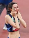 <p>Mariya Lasitskene of Team ROC reacts after winning the gold medal in the Women's High Jump. </p>