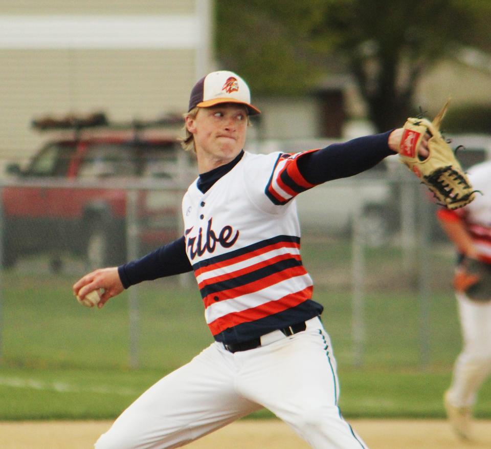 Drew Wayman delivers a pitch for Pontiac in an Illini Prairie Conference baseball game at The Ballpark at Williamson Field. The Tribe suffered a 7-1 loss to Monticello.