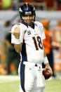 ATLANTA, GA - SEPTEMBER 17: Quarterback Peyton Manning #18 of the Denver Broncos warms up prior to their game against the Atlanta Falcons at the Georgia Dome on September 17, 2012 in Atlanta, Georgia. (Photo by Kevin C. Cox/Getty Images)