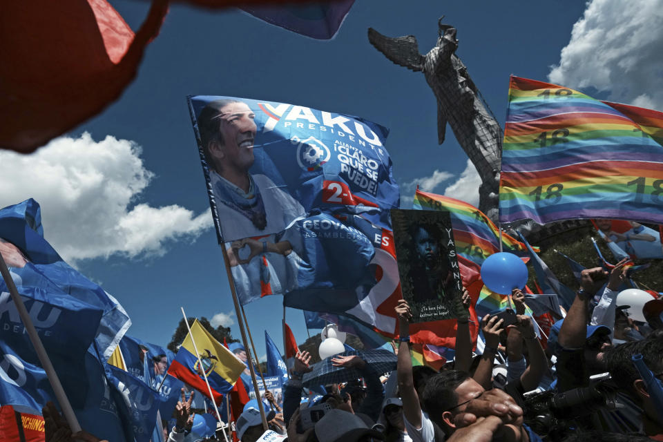 Supporters of presidential hopeful Yaku Perez, of the "Alianza Claro Que Se Puede," or Of Course We Can Alliance, attend his campaign rally in Quito, Ecuador, Thursday, Aug. 17, 2023. The upcoming snap election set for Aug. 20 was called after President Guillermo Lasso dissolved the National Assembly by decree in May, to avoid being impeached. (AP Photo/Dolores Ochoa)