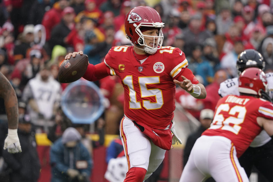 Kansas City Chiefs quarterback Patrick Mahomes looks to pass during team an NFL Divisional Playoff football game against the Jacksonville Jaguars Saturday, Jan. 21, 2023, in Kansas City, Mo. (AP Photo/Ed Zurga)