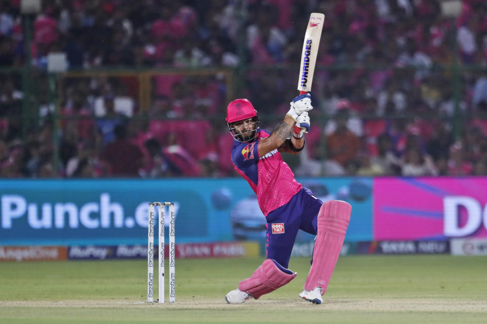 Rajasthan Royals' Riyan Parag bats during the Indian Premier League cricket match between Delhi Capitals and Rajasthan Royals in Jaipur, India, Thursday, March 28, 2024. (AP Photo/Pankaj Nangia)