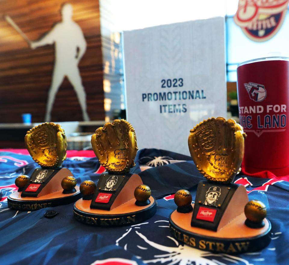 Promotional items celebrating the Guardians 2022 Golden Glove winners on display during a press event at Progressive Field, Thursday, March 30, 2023, in Cleveland, Ohio.