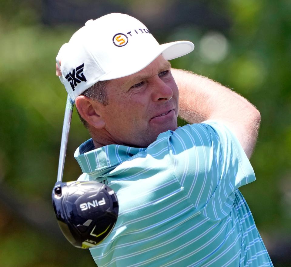 June 1, 2023: Dublin, Ohio, USA;  Bo Hoag watches his tee shot on the 18th hole during the opening round of the Memorial Tournament at Muirfield Village Golf Club.