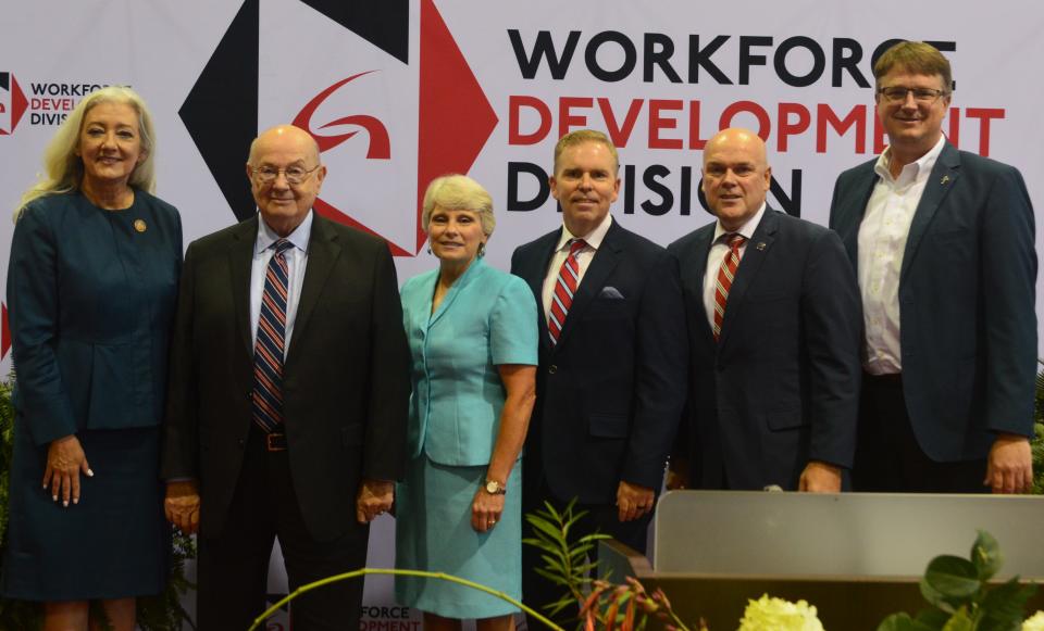 Gadsden State President Kathy Murphy is joined by Rep. Ginny Shaver, R-Leesburg; Alabama Community College System Chancellor Jimmy Baker; Dr. Alan Cosby, superintendent of Etowah County Schools; Michael Gaines, division leader at Honda Manufacturing of Alabama; and Alan Smith, dean of Workforce Development at Gadsden State.
