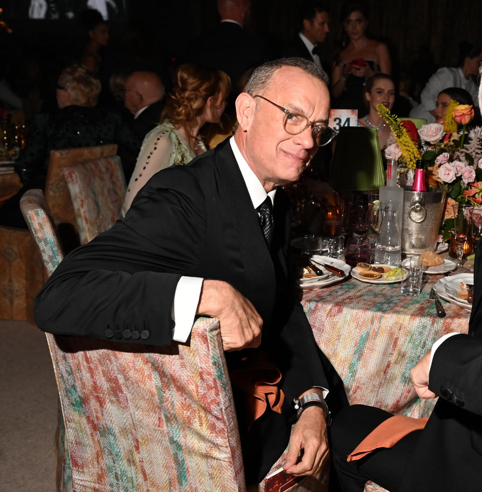 Baz Luhrmann (R) and Tom Hanks attend the amfAR Cannes Gala 2022 at Hotel du Cap-Eden-Roc on May 26, 2022 in Cap d'Antibes, France. (Photo by Ryan Emberley/amfAR/Getty Images for amfAR)