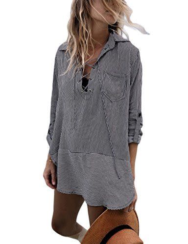 7) Ailunsnika Striped V Neck Beachwear Blouse Cover Up Dress for Women Sexy Long Sleeve Gray Swimsuit Cover Ups with Pockets