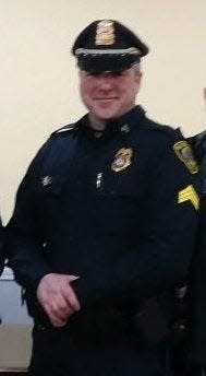 East Bridgewater Police Sgt. Thomas Flint, seen here at the promotion of another officer on April 2, 2018, was arraigned Monday, Nov. 20, 2023 in Taunton District Court on drunk driving charges after being arrested Saturday night, Nov. 18, 2023 in Raynham.