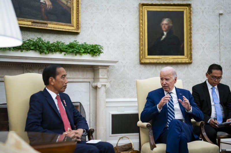 President Joe Biden meets with Indonesian counterpart Joko Widodo in the Oval Office of the White House in Washington on Monday as the two leaders announced a beefed-up strategic partnership. Photo by Al Drago/UPI
