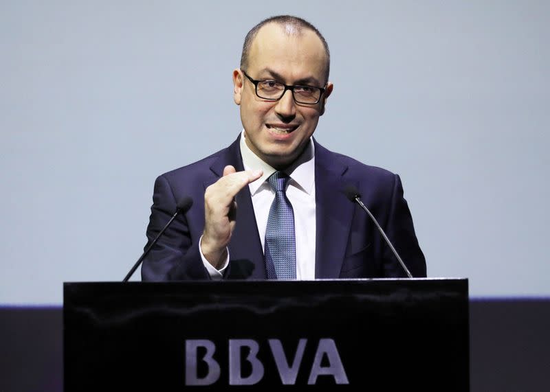 FILE PHOTO: Spanish bank BBVA's Chief Executive Officer Onur Genc speaks during the annual results presentation at the company's headquarters in Madrid