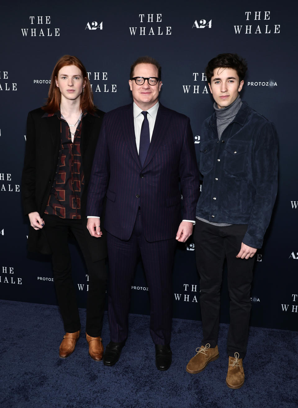 NEW YORK, NEW YORK - NOVEMBER 29: (L-R) Leland Fraser, Brendan Fraser and Holden Fraser attend "The Whale" New York Screening at Alice Tully Hall, Lincoln Center on November 29, 2022 in New York City. (Photo by Jamie McCarthy/Getty Images)