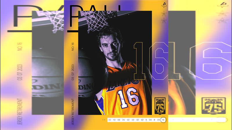 賈索（Pau Gasol）的16號球衣將被湖人退休。（圖／翻攝自湖人推特）